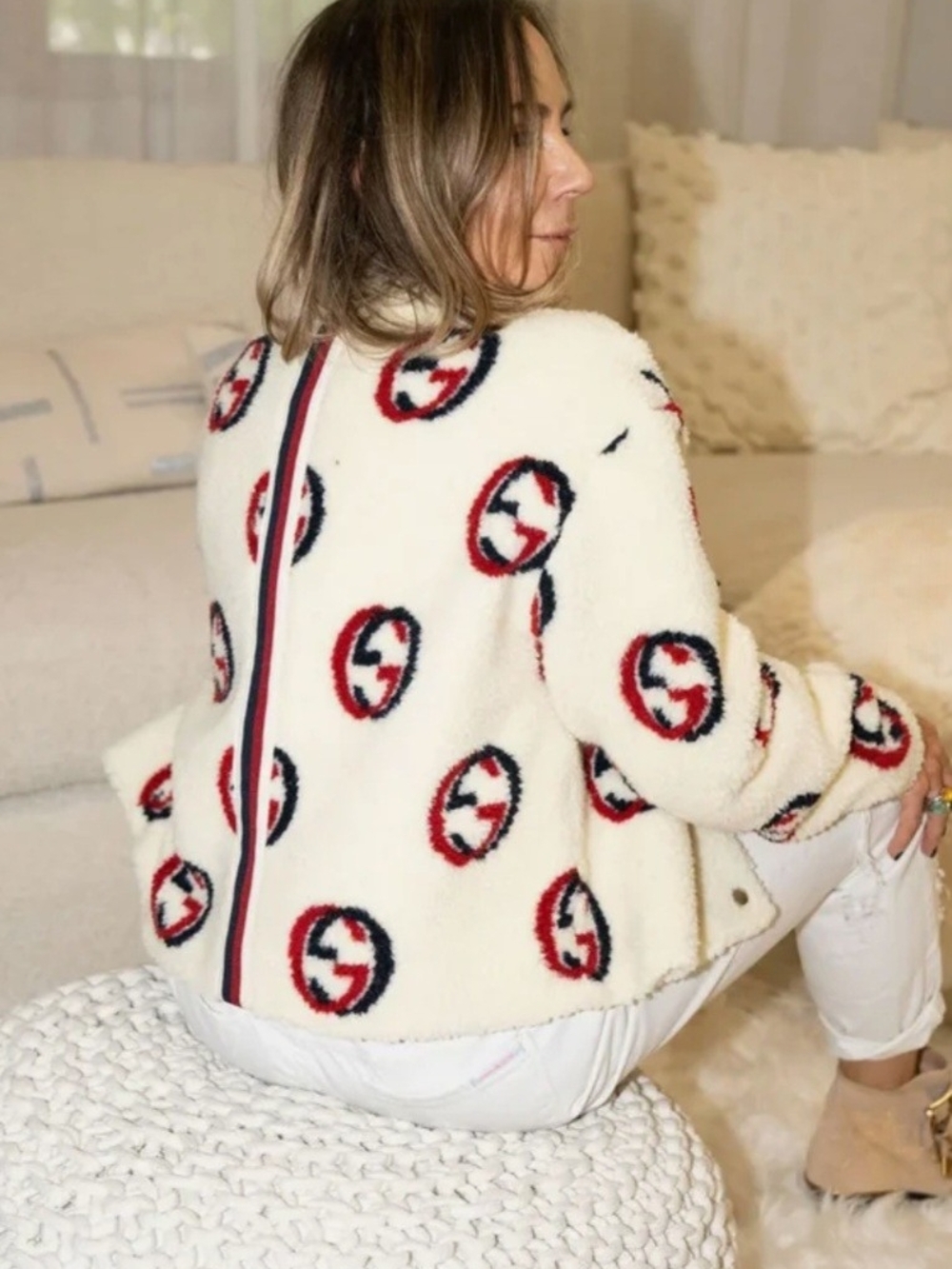 Womens Cream Sherpa Jacket with Red & Black Logo Print